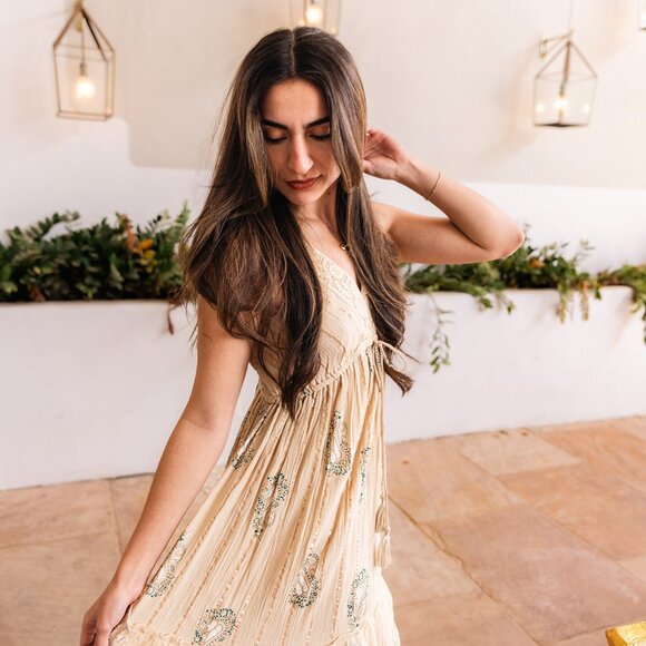 Boho Dress Cream Lace Trimmed Tiered Ruffled Embellished Tassel Tie Size 1X/2X - Picture 13 of 14